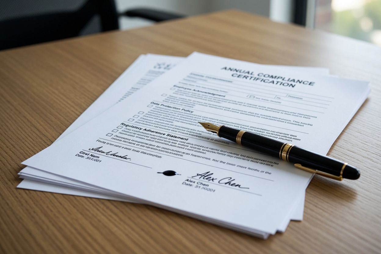 Close-up of compliance paperwork and a fountain pen on a desk