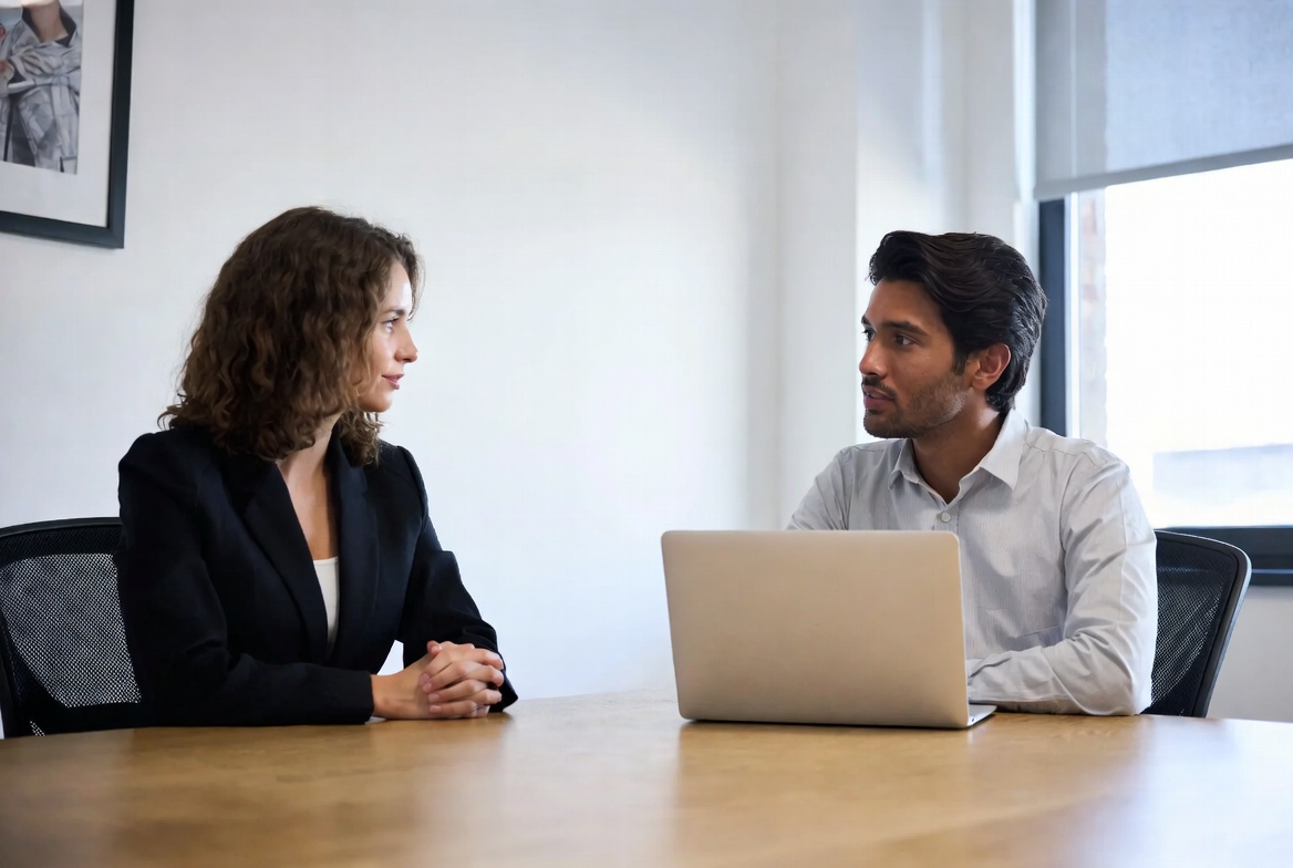 Two colleagues in conversation across a meeting room table