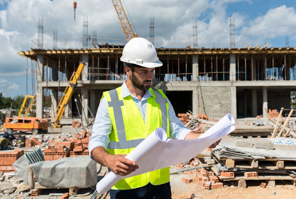 Construction site manager reviewing plans on site
