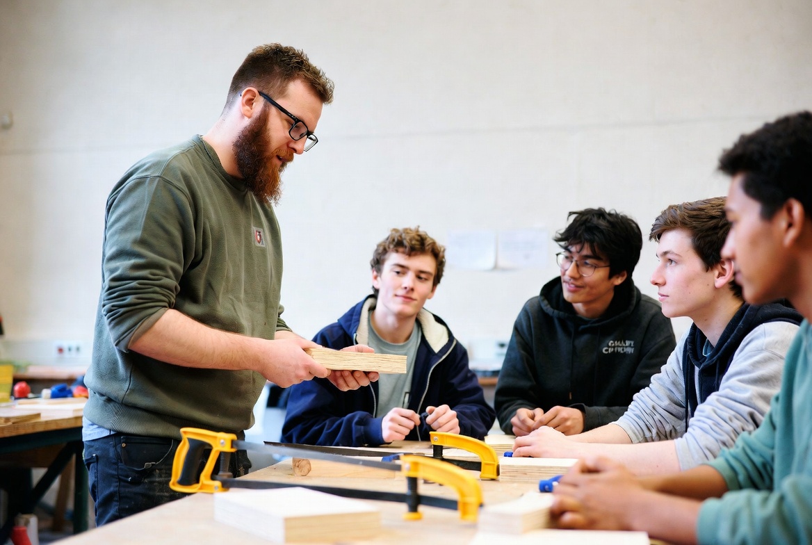 Further education lecturer working with students in a workshop