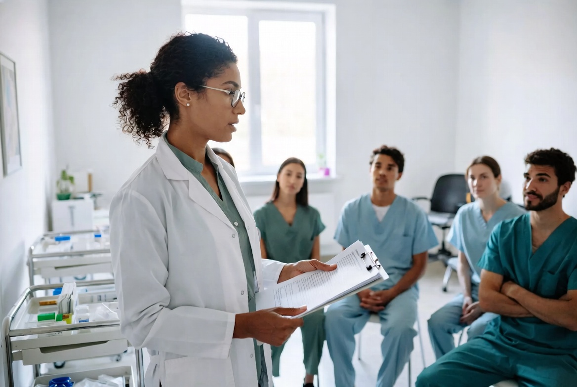 Clinical educator delivering training in a healthcare setting