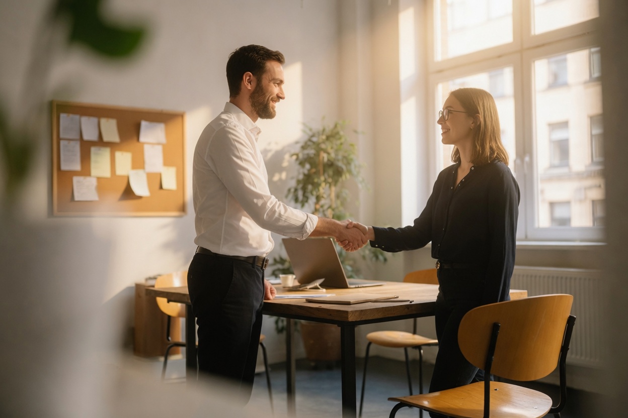 Two professionals shaking hands beside a sunlit window