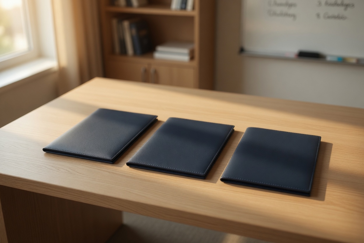 Three navy leather portfolios arranged on a light oak desk, with a bookshelf and whiteboard visible in a softly lit office background.